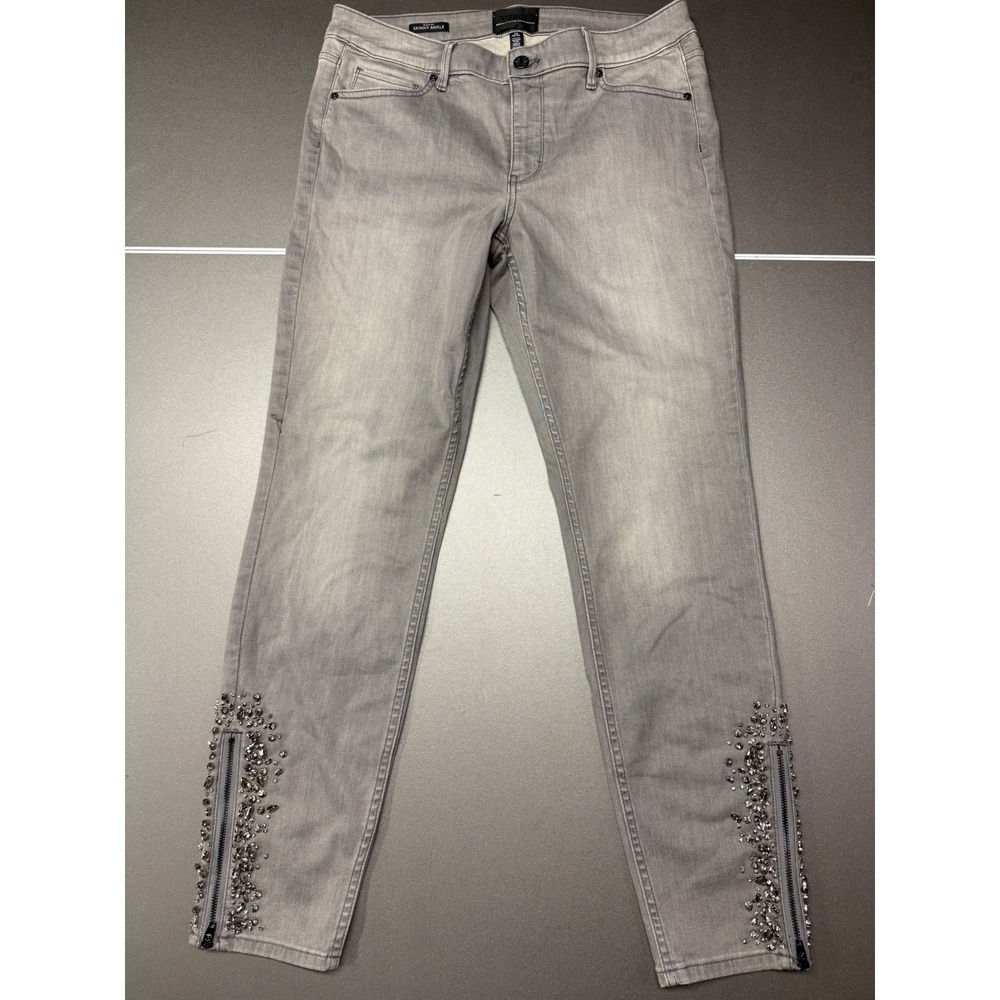 White House Black Market Grey Rhinestone Zipper Skinny Ankle Jeans Size 10